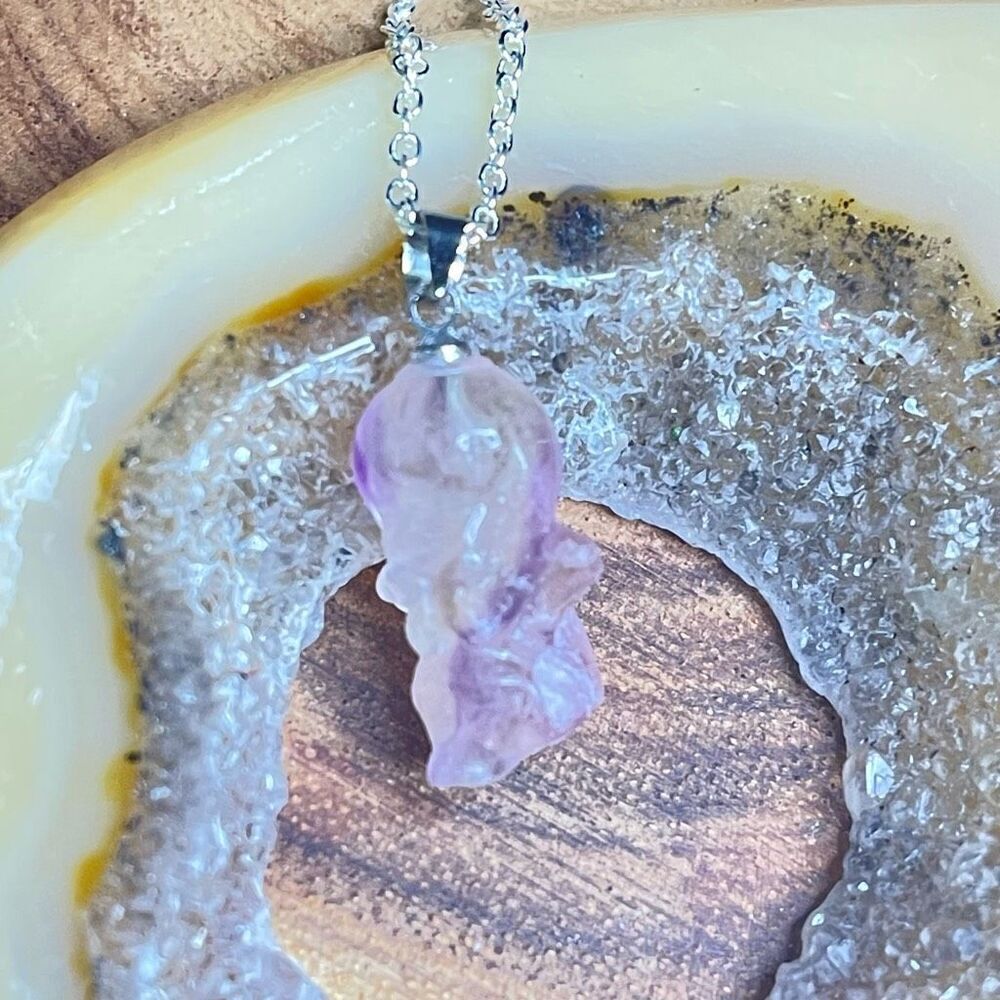 Fluorite clear purple banding yellow cherub child angel pendant carving necklace